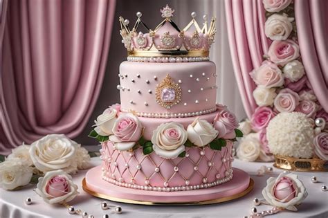 Premium Photo Wedding Cake Decorated With Pink Roses And Gold Crown