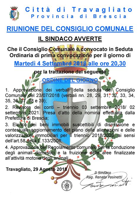 Convocazione del Consiglio Comunale per martedì 4 settembre 2018