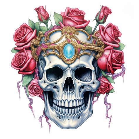 Premium Photo Skull With Crown And Roses Tattoo Design Generative Ai