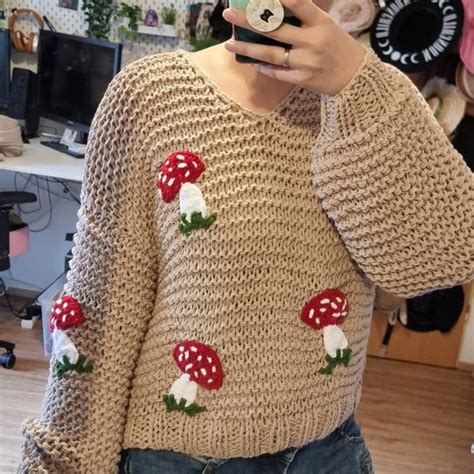 Mushroom Sweater Women Beige Chunky Pullover 3d Mushrooms Embroidery