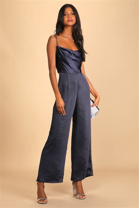 Navy Blue Satin Jumpsuit Culotte Jumpsuit Cowl Neck Jumpsuit Lulus