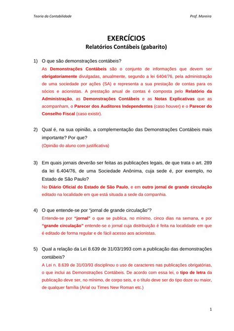 PDF Teoria Da Contabilidade I Exercicios Relatorio Contabil Gabarito