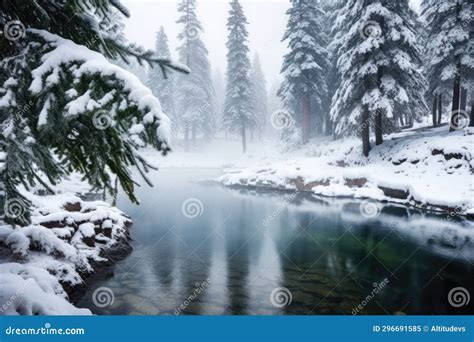 Snowy Pine Tree Branches Overhanging A Steaming Hot Spring Stock Image