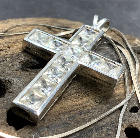 Vintage Sterling Silver White Gemstone Cross Pendant Necklace Etsy