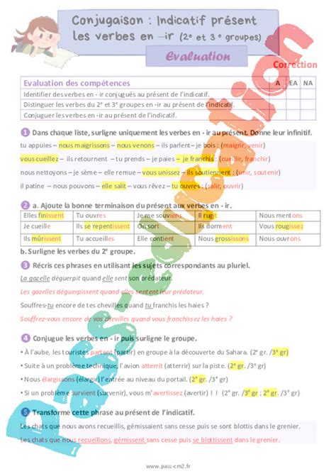 Lindicatif Présent Des Verbes En Ir 2e Et 3e Groupes Évaluation De Conjugaison Pour Le Cm2