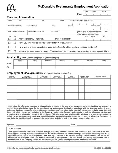 Restaurant Employment Application Template