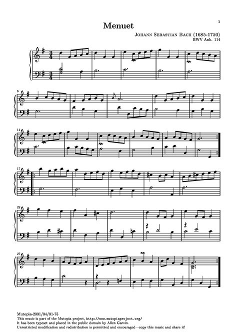 Bach Johann Sebastian Menuet BWV Ahn 114 For Piano Free Sheet