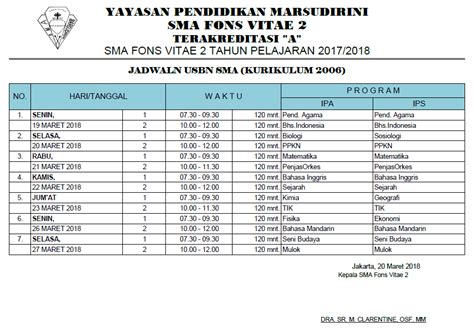 Jadwal USBN SMA 2018 SMA Marsudirini SMA FONS VITAE 2 MARSUDIRINI