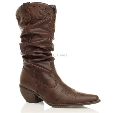 Womens Ladies Pull On Low Cuban Heel Cowboy Cowgirl Traditional Calf