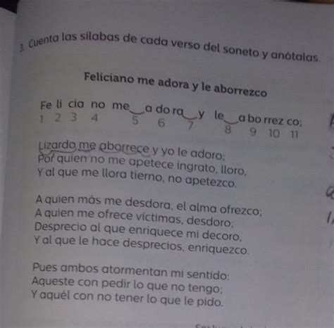 3 Cuenta las silabas de cada verso del soneto y anótalas Feliciano me