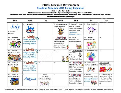 Summer 2016 Oakland Elementary Calendar | Oakland Elementary School – Richmond, TX