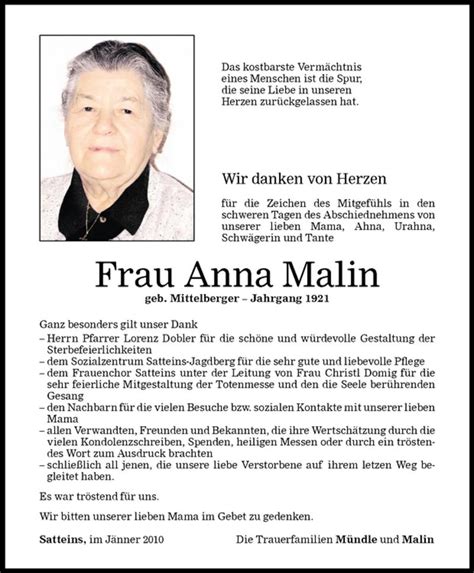 Todesanzeigen Von Anna Malin Todesanzeigen Vorarlberger Nachrichten