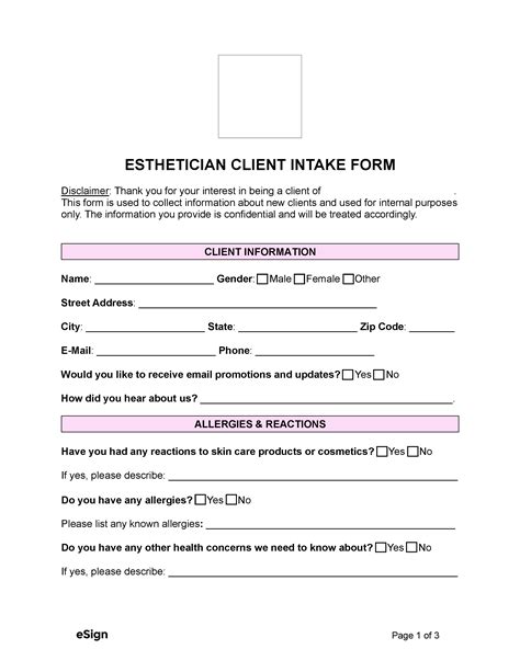 Free Esthetician Facial Client Intake Form PDF Word