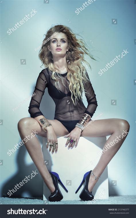 Стоковая фотография Sexy Blonde Woman Posing Fashionable Lingerie Shutterstock