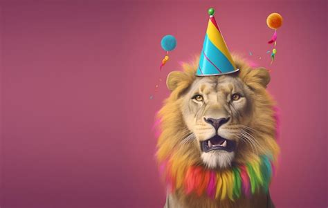 Premium AI Image | A lion wearing a party hat and a party hat.