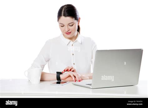 Portrait Of Happy Attractive Brunette Businesswoman In White Shirt