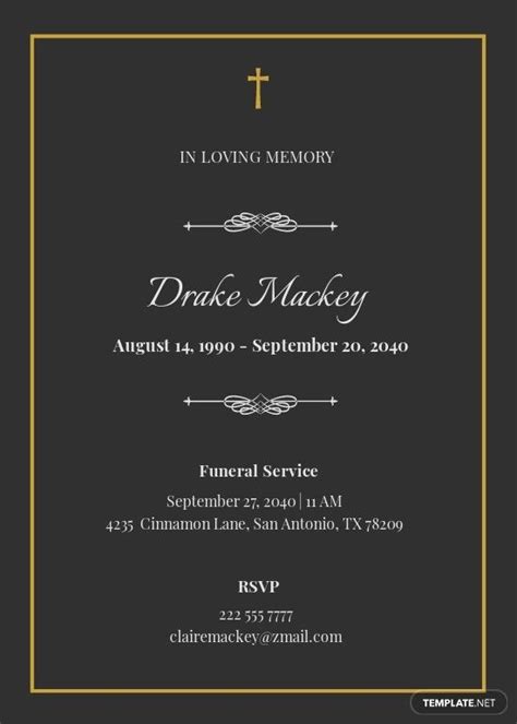 A Black And Gold Funeral Card With The Words In Loving Memory Written