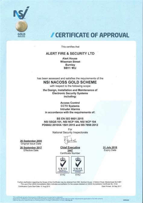NSI NACOSS Gold certificate BS EN ISO9001 2015 - Burnley