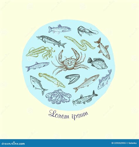 Seafood Graphic Circle Symbol With Assorted Fish Stock Vector