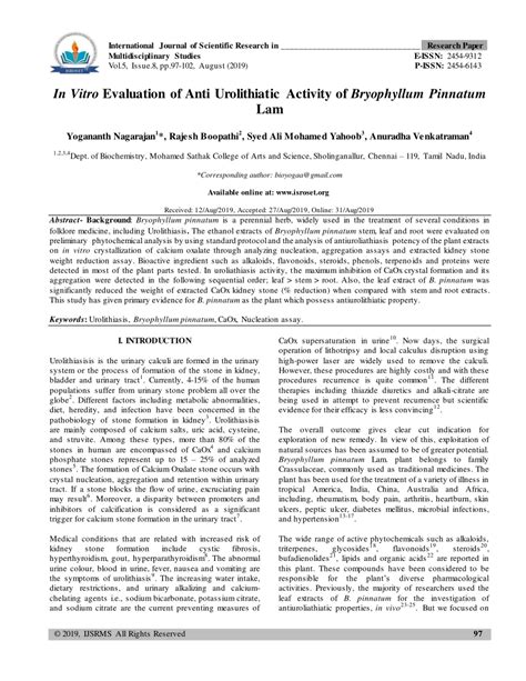 Pdf In Vitro Evaluation Of Anti Urolithiatic Activity Of Bryophyllum