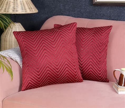 Buy Satin X Set Of Cushion Cover Embellished Maroon Online In