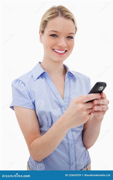 Smiling Woman Holding Her Cellphone Stock Image Image Of Message