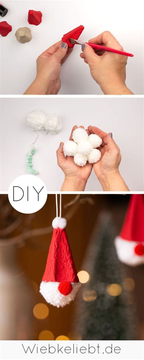 Two Pictures Showing How To Make Santa Hats With Pom Poms And Yarn