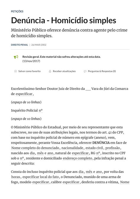 Denúncia Homicídio simples Modelo de petição DireitoNet