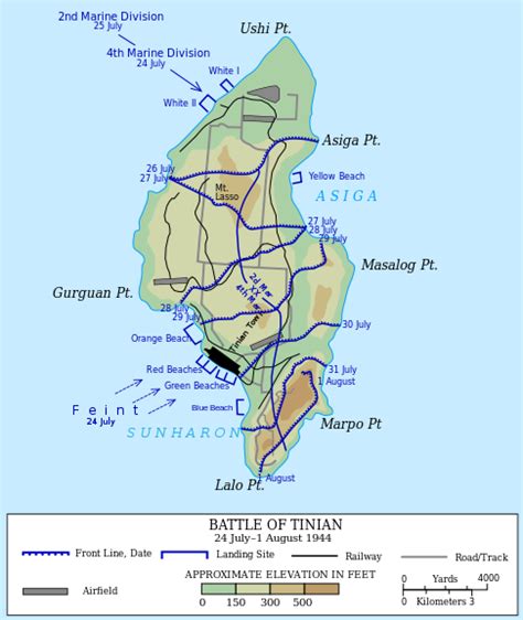 Map of the US-led invasion of the island of Tinian in the Northern ...