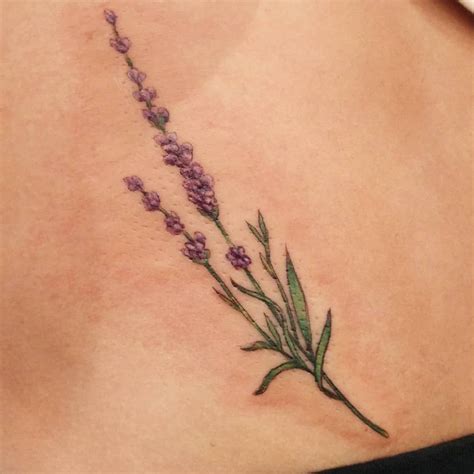 The Back Of A Woman S Stomach With Lavender Flowers On Her Left Side Tattoo