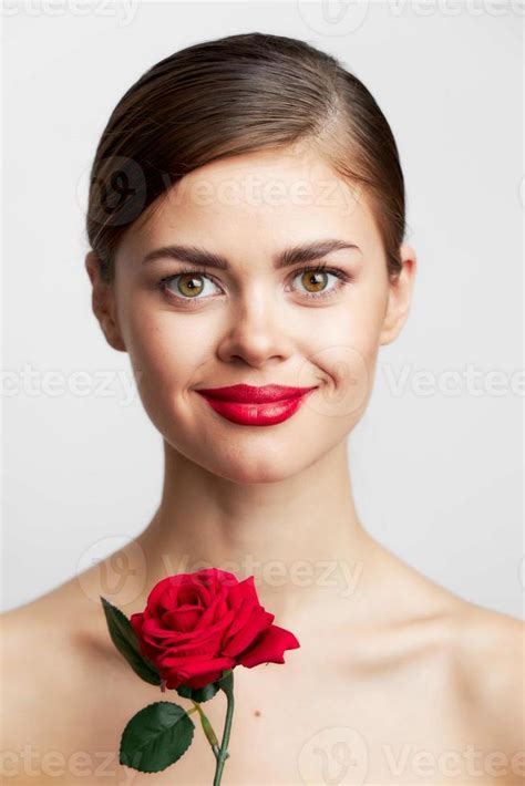 Brunette With Bare Shoulders Red Rose Luxury Smile Body Care Stock Photo At Vecteezy