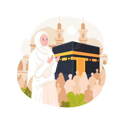 Islamic Hajj Pilgrimage A Muslim Woman Wears Ihram Clothes With Kaaba