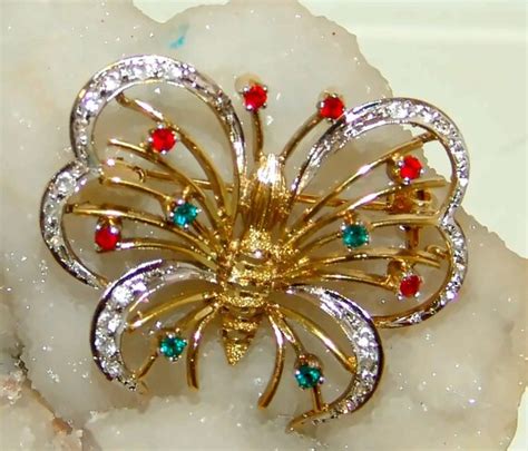 14k Gold Gemstone Butterfly Brooch Pin Vintage - Gem