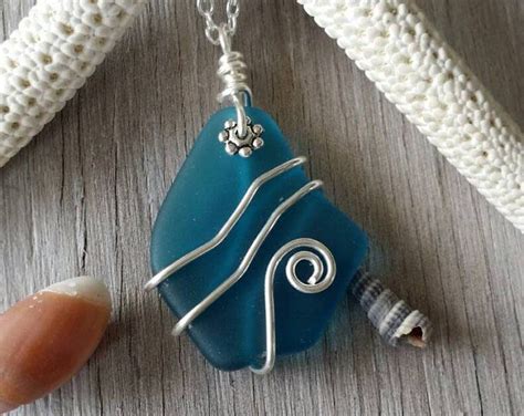 Handmade In Hawaii Wire Wrapped Ocean Wave Blue Sea Glass Necklace