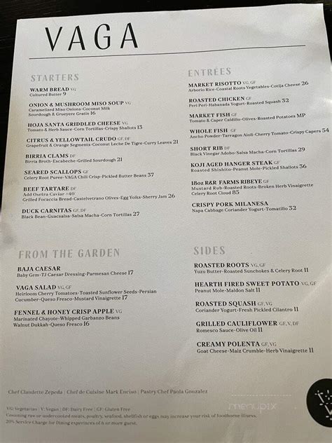 Menu Of Vaga Restaurant And Bar In Encinitas Ca 92024