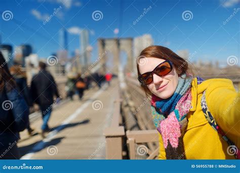 Young Woman Taking A Selfie On Brooklyn Bridge Stock Photo Image Of