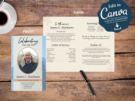 Men Funeral Program Template Obituary Template Celebration Etsy