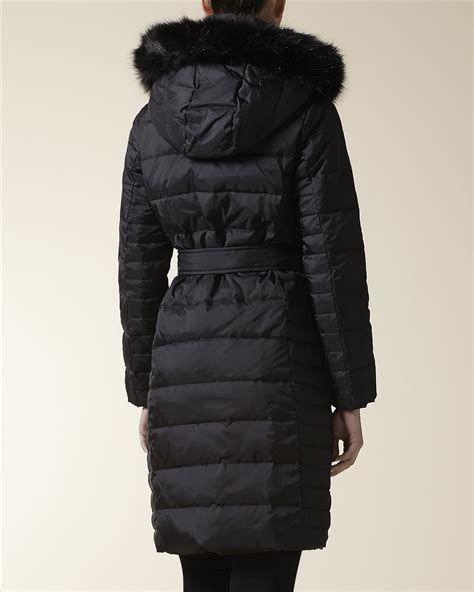 Lyst Jaeger Fur Trim Belted 3 4 Puffer In Black