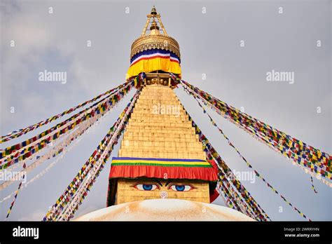 Boudhanath Stupa In Kathmandu Nepal Decorated Buddha Wisdom Eyes And