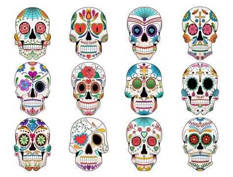 Sugar Skull Clip Art Set Of 12 Colorful Sugar Skulls Png Etsy