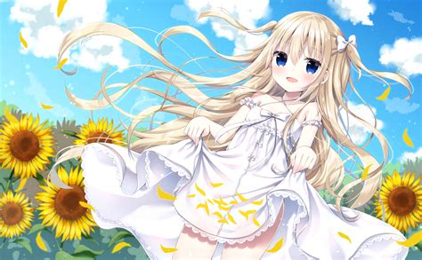 Blonde Hair Blue Eyes Blush Bow Clouds Dress Flowers Long Hair Original Petals Ribbons Skirt
