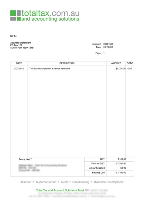 Australian Invoice Template Word