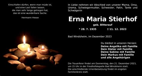 Traueranzeigen Von Erna Maria Stierhof Trauer Flz De