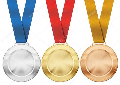 Gold, silver, bronze medals with ribbon isolated on white — Stock Photo ...