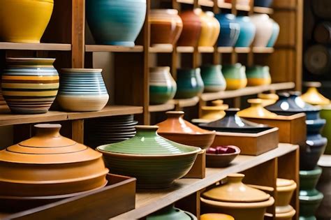 Premium Photo A Shelf Of Pottery With A Variety Of Colors And Shapes