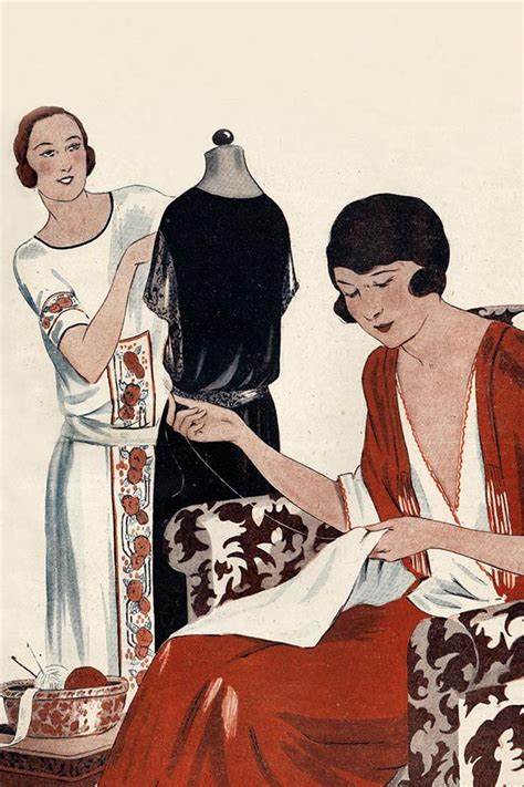 An Old Fashion Illustration Shows Two Women Sewing
