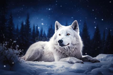 White Wolf Laying on the Snow with SnowFlakes Stock Illustration ...