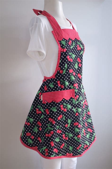 Polka Dots Cherry Apron For Women Retro Rockabilly Vintage Style