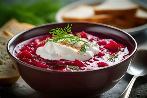 Delicious Borscht With Beetroot And Sour Cream Ukrainian Style