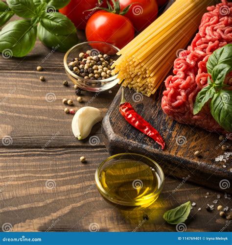 Ingredients For Spaghetti Bolognese Stock Image Image Of Basil